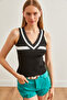 Women's Black Deep V-Neck Stripe Ribbed Knitwear Blouse Blz- 19002644 - 2
