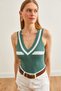 Women's Green Green Deep V-Neck Stripe Ribbed Knitwear Blouse Blz- 19002644