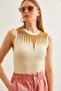 Women's Ecru Gold Roba Sheer Ribbed Knitwear Blouse Blz- 19002645