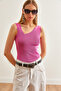 Women's Pink Asymmetrical Collar Crop Knitwear Blouse Blz- 19002643