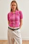 Women's Pink Polo Neck Button Detailed Crop Knitwear Blouse Blz- 19002642 - 2