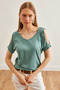 Women's Green V-Neck Shoulder-Cut Knitted Viscose Blouse Blz-19002291 - 2