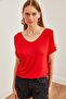 Women's Red V-Neck Shoulder Low-Cut Knitted Viscose Blouse Blz- 19002291 - 2