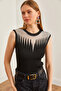 Women's Black Silver Roba Sheer Ribbed Knitwear Blouse Blz- 19002645