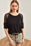 Women's Black Mesh Detailed Three-Quarter Sleeve Flowy Blouse Blz- 19002649 - 3