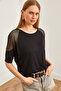 Women's Black Mesh Detailed Three-Quarter Sleeve Flowy Blouse Blz- 19002649