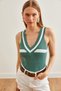 Women's Green Green Deep V-Neck Stripe Ribbed Knitwear Blouse Blz- 19002644 - 3
