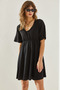Women's Black Elastic Waist Wrap V-Neck Dress 60251162 - 3