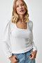 Women's White Square Collar Textured Knitted Blouse DD01111 - 2