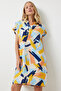 Women's Yellow Blue Polo Neck Print Summer Dress Of00001 - 2