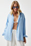 Women's Sky Blue Oversize Long Linen Ayrobin Shirt To00141 - 2