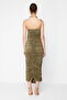 X Zeynep Tosun Khaki Knitted Accessory Detail Elegant Evening Dress TCLSS24EL00002 - 7