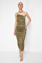 X Zeynep Tosun Khaki Knitted Accessory Detail Elegant Evening Dress TCLSS24EL00002 - 2