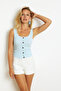 Women's Blue Button Accessory Blouse Mk14 - 5