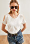 Women's Ecru V-Neck Shoulder-Cut Knitted Viscose Blouse Blz-19002291 - 5