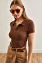 Women's Bitter Brown Polo Neck Buttoned Lycra Blouse Blz- 19002558 - 2