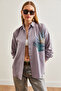Women's Gray Palm Sequin Detailed Oversize Woven Poplin Shirt Gml- 19001016 - 4