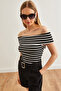 Women's Black Madonna Collar Striped Knit Blouse BLZ-19002646 - 3