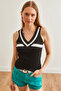 Women's Black Deep V-Neck Stripe Ribbed Knitwear Blouse Blz- 19002644 - 3