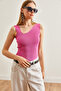 Women's Pink Asymmetrical Collar Crop Knitwear Blouse Blz- 19002643 - 4