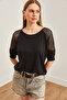 Women's Black Mesh Detailed Three-Quarter Sleeve Flowy Blouse Blz- 19002649 - 2