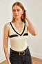 Women's Ecru Deep V-Neck Stripe Ribbed Knitwear Blouse Blz- 19002644 - 3