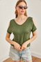 Women's Khaki V-Neck Shoulder-Cut Knitted Viscose Blouse Blz-19002291 - 2
