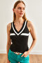 Women's Black Deep V-Neck Stripe Ribbed Knitwear Blouse Blz- 19002644