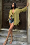 Women's Green Tie-Dye Detailed Flam Linen Kimono - 4