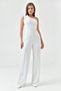 Women's White Evening Dress Jumpsuit with Stone Straps, Padded Chest, Sashes on the Back, Wide Leg 1454