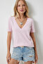 Women's Pink V-Neck Basic Knitted T-Shirt Hy00016 - 2