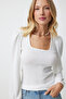 Women's White Square Collar Textured Knitted Blouse DD01111 - 3
