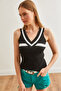 Women's Black Deep V-Neck Stripe Ribbed Knitwear Blouse Blz- 19002644 - 4