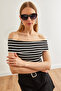 Women's Black Madonna Collar Striped Knit Blouse BLZ-19002646 - 4