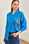 Women's Sky Blue Palm Sequin Detailed Oversize Woven Poplin Shirt Gml- 19001016 - 3