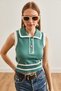 Women's Green Polo Collar Striped Sleeveless Knitwear Blouse Blz-19002641 - 2