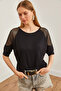 Women's Black Mesh Detailed Three-Quarter Sleeve Flowy Blouse Blz- 19002649 - 5