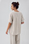 Linen Short Sleeve Oversize Maternity Shirt Adjustable High Waist Pants Set - 3