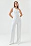 Women's White Evening Dress Jumpsuit with Stone Straps, Padded Chest, Sashes on the Back, Wide Leg 1454 - 8