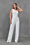 White Jumpsuit 1454 - Asymmetric Collar, Chest Padding, Jewel Strap and Belted Wide Leg - 5