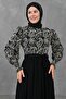 Women's Patterned Cotton Fabric Belt Detailed Design Black Maxi Hijab Dress 1620 - 2