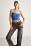 Keira Women's Strapless Wide Ribbed Stretchy Fabric Cobalt Blue Bustier - 7