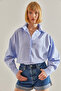 Women's Blue and White Striped Bat Sleeve Oversize Shirt 60251247 - 5