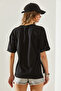 Women's Black Side Slit Cuff Fold Detailed Crew Neck Short Sleeve Basic T-Shirt 60251203 - 5
