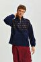 Turtleneck Ethnic Patterned Plush Sweatshirt Navy Blue - 3