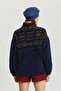 Turtleneck Ethnic Patterned Plush Sweatshirt Navy Blue - 4
