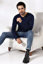 Compact Jersey Lycra Regular Fit Long Sleeve Wrinkled V-neck T-shirt 19698 Navy Blue - 3