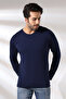 Compact Jersey Lycra Regular Fit Long Sleeve Wrinkled V-neck T-shirt 19698 Navy Blue - 2
