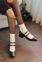 Women's Mary Jane Black Patent Leather Closed Back Double Tape Square Toe Helmet Short Block Heeled Shoes
