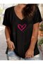 Women's V-Neck Black Printed Oversize Boyfriend Casual T-Shirt